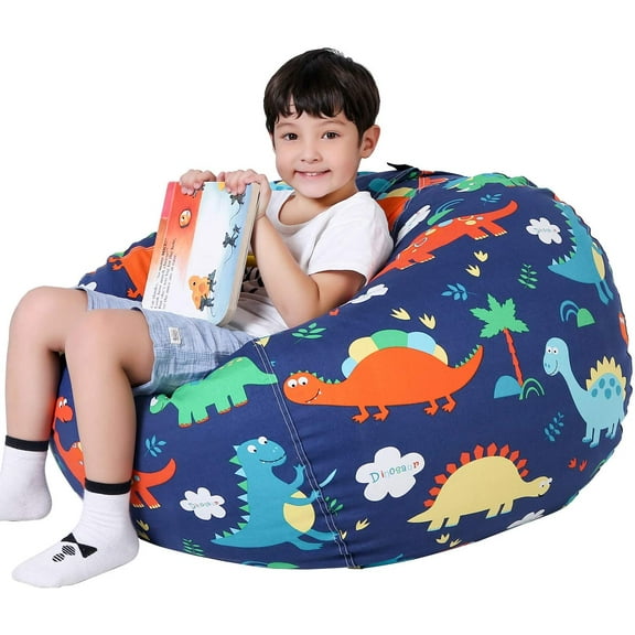 EnjinZZ Dinosaur Stuffed Animal Storage Bean Bag Chair Cover - Premium Canvas Organizer with YKK Zipper Holds 60  Plush Toys, Washable Kids Room Decor (No Filling, Large)