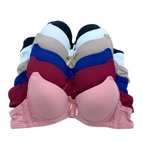 6 Pieces Full Cup Embroidery Demi Plain/Lace Push Up Bra B C Cup 34A (1603-51LE3)