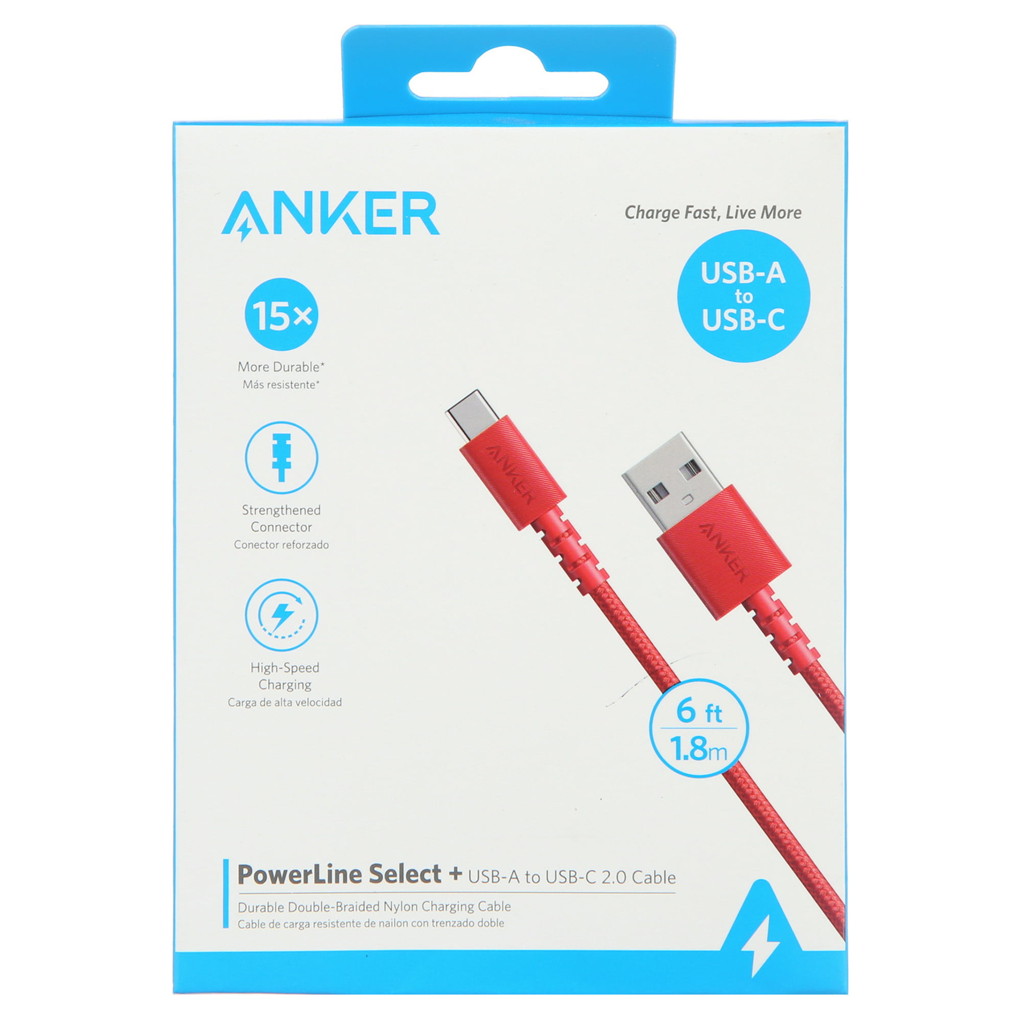 Anker PowerLine Select+ USB-C to USB 2.0 Cable (6ft), Red