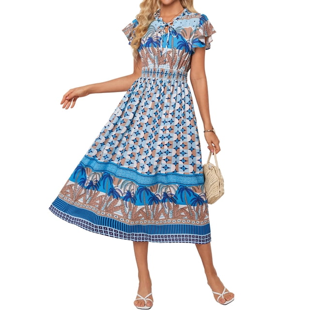 Vestido GRACE KARIN Hawaiian Floral 2025 Beach Blue Coconut