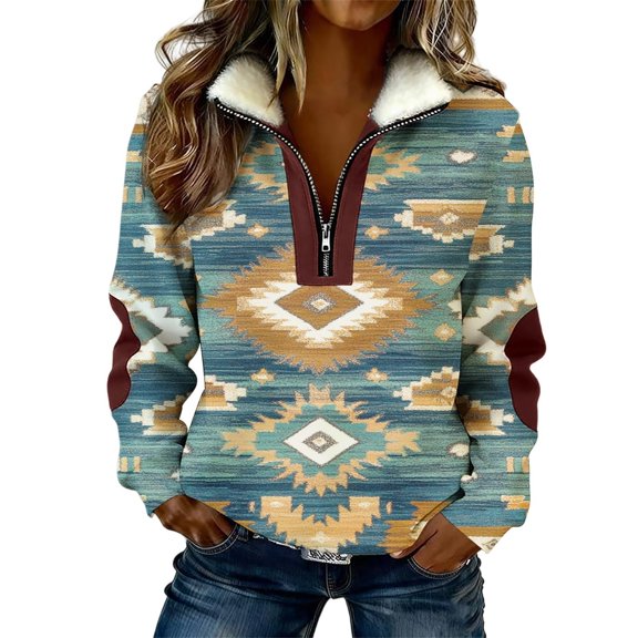 WEIWEN Quarter Zip Sweatshirt for Women Trendy 2026 Sherpa Western Aztec Fall Outfits Womens Sweaters Dressy Casual Long Sleeve Collared Zip Up Jackets Green, S