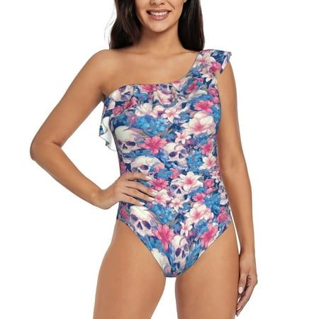 Sikiie Skull Print Women One Piece Swimsuits Tummy Control One Shoulder Bathing Suits Ruffle Swimwear  From S to XXL-Large
