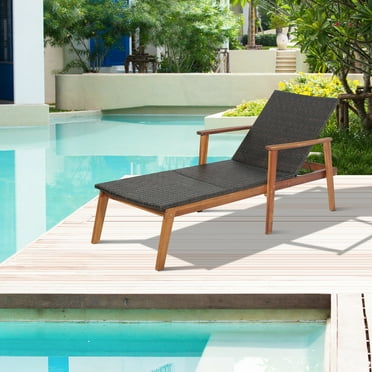 Gymax Adjustable Patio Rattan Lounge Chair Recliner Outdoor Chaise Acacia Wood Frame
