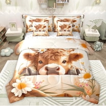jejeloiu Farmhouse Highland Cattle 7-Piece Twin Bedding Sets,Countryside Floral Flower Bedding Comforter Set,Cute Daisy Blossom Sheet Sets For Teens,Super Cozy Room Decor Reversible