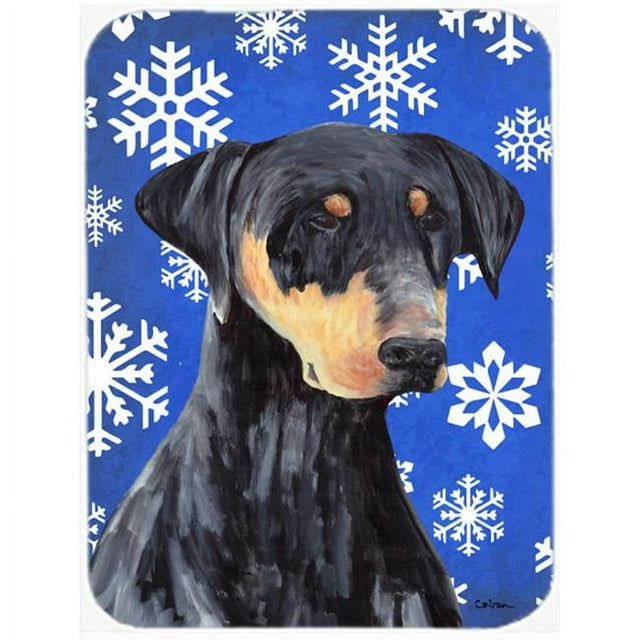 Carolines Treasures SC9377LCB Doberman Winter Snowflakes Holiday Glass Cutting Board - Large
