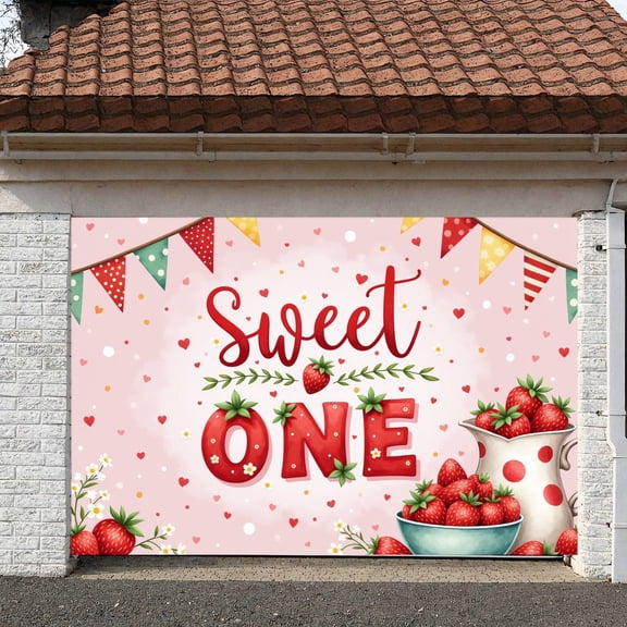 Pink Theme Sweet One Banner Strawberry Pattern First Birthday Display Heart Design Colorful Bunting Strawberry Backdrop for 1st Birthday Party Baby Celebration Photo Shoot Backdrop