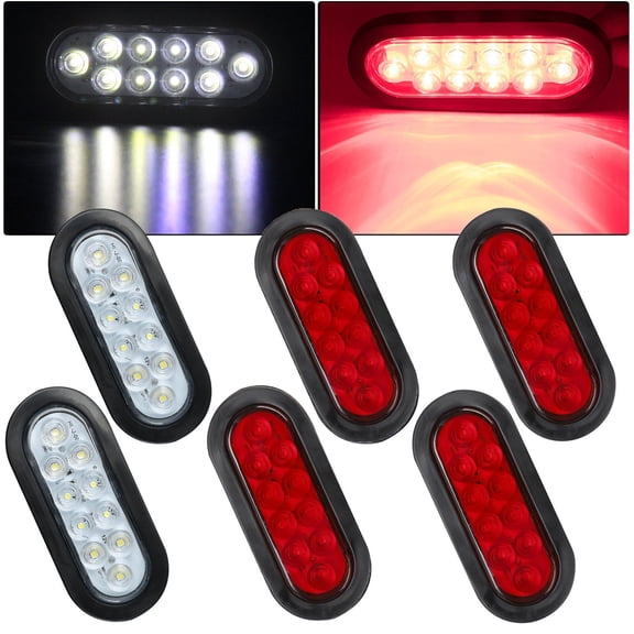 6" 10 LED Oval Trailer Truck Reverse Backup Stop Tail Lights 12V 4x Red 2x White