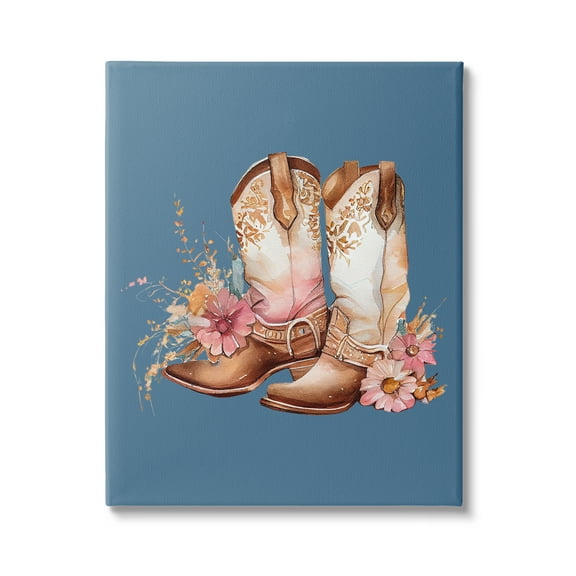 Stupell Industries Floral Cowgirl Boots on Blue Beauty & Fashion Painting Gallery Wrapped Canvas Art Print Wall Art, 16 x 20