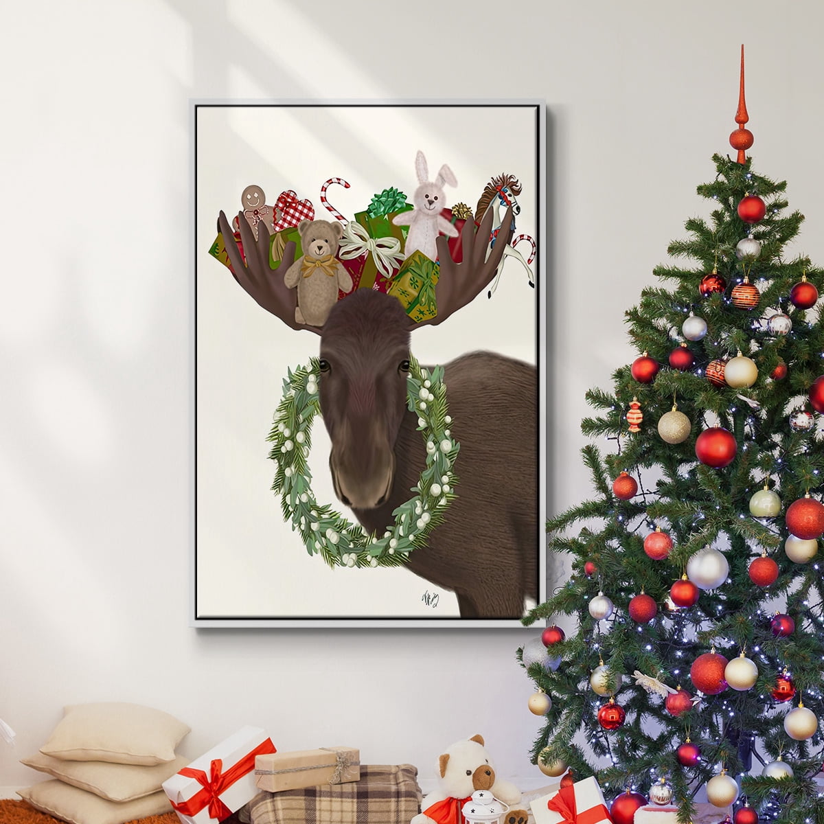 Christmas Moose and Christmas Gifts - Framed Gallery Wrapped Holiday Canvas - 25 x 37 - White Frame