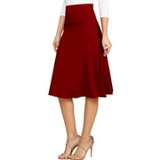 Doublju Women's High Waist Elastic Soft Flare Flowy Midi Skirt (Plus Size Available)