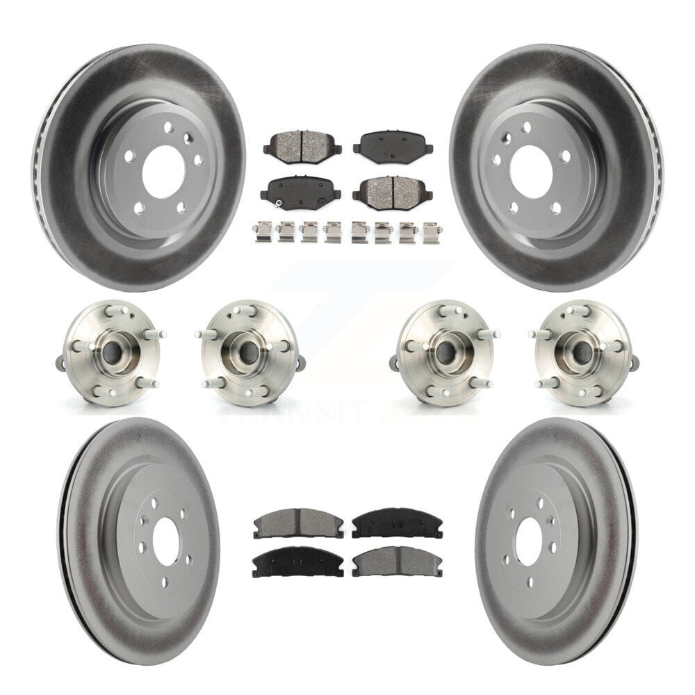 Transit Auto Front Rear Hub Bearing Assembly Coated Disc Brake Rotor and Semi-Metallic Pad Kit (10Pc) for Car 2013 Ford Explorer Sport with Heavy Duty Brakes - Left Right (Driver Passenger) KBB-112209