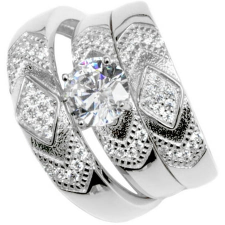 Pori Jewelers CZ Sterling Silver Circle-Cut Micro-Pave Trio Engagement Ring Set