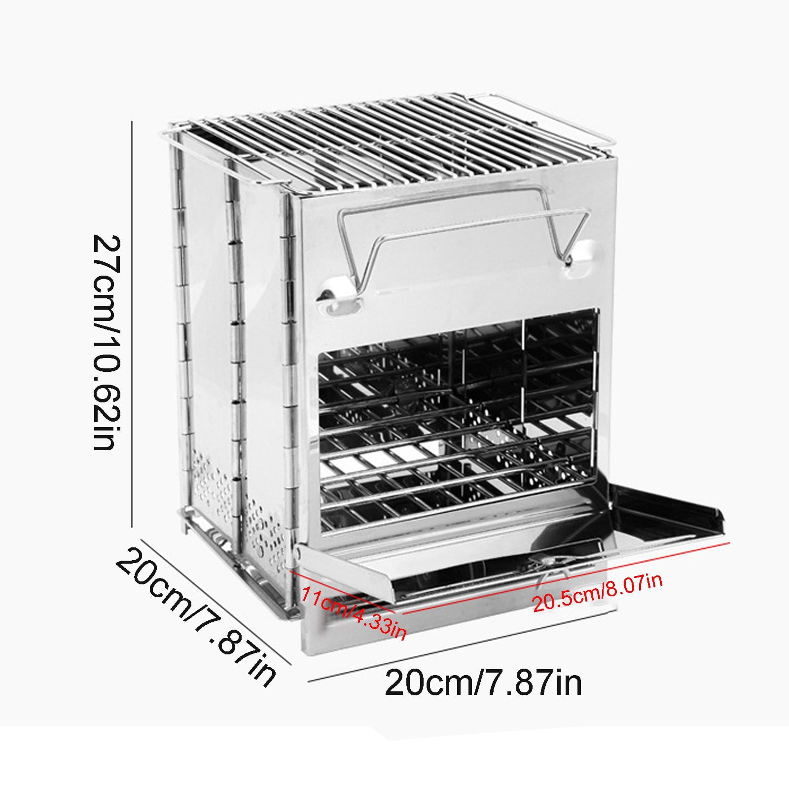 Nhthy Outdoor Portable Barbecue Stove, Stainless Steel Folding Camping Grill, Mini Charcoal Wood Burning Stove, Dual-Purpose Outdoor Heater and BBQ Silver