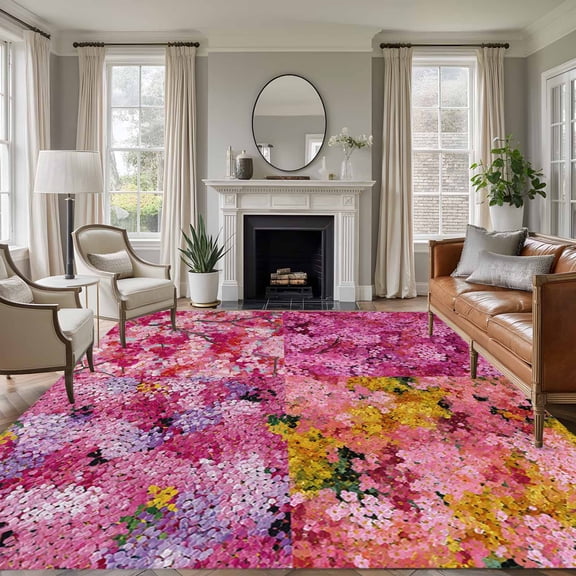 Area Rug for Living Room, Colorful Cherry Blossom Non-Slip Indoor Large Carpet for Bedroom/Dining Room, Spring Flowers Vintage Art Washable Low-Profile Rectangle Floor Runner Rugs - 5 x 7 Ft