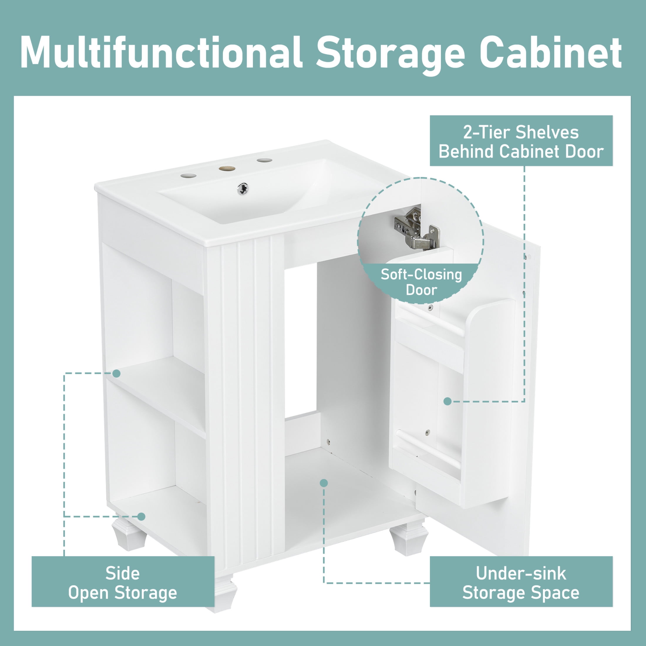 Christopher Knight Home 24" Bathroom Vanity with Sink, Wood Storage Cabinet with Side Open Storage, White