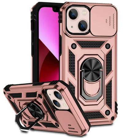 iPhone 13 Kickstand Armor Case with Slide Camera Lens Protection Cover Built-in 360° Rotate Ring Holder Stand Magnetic Military Shockproof Phone Cover Case for iPhone 13, Rosegold