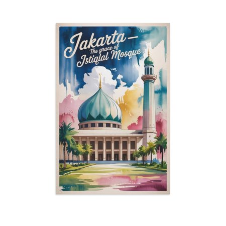 Jakarta Istiqlal Mosque Watercolor Poster Retro Vintage Travel Indonesia Wall Art Print Poster