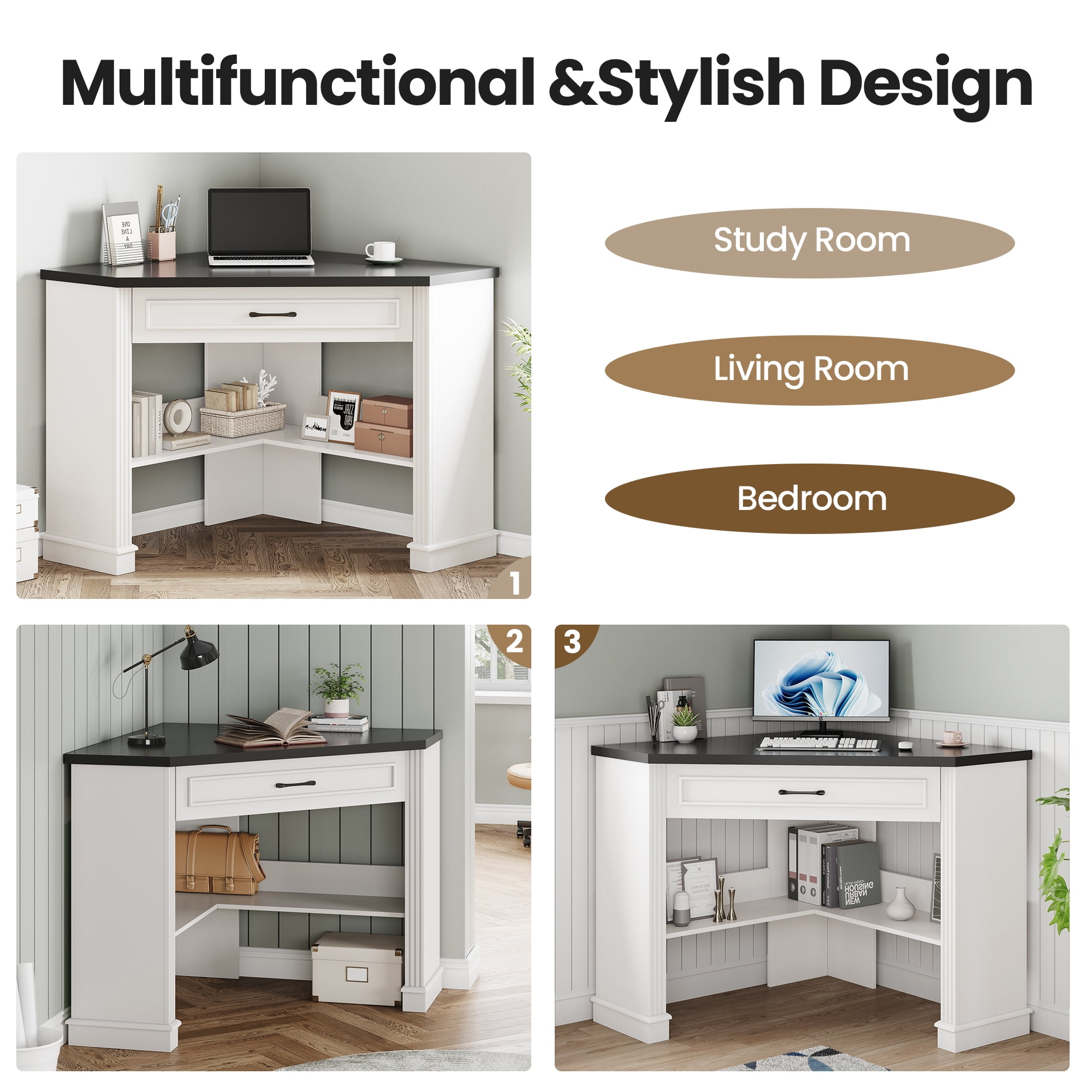 SEDETA Corner Desk for Small Space, 31.5 Inch Triangle Computer Desk with Drawer & Open Shelves for Home Office, Bedroom, Living Room, Small Farmhouse Corner Desk with Storage, White