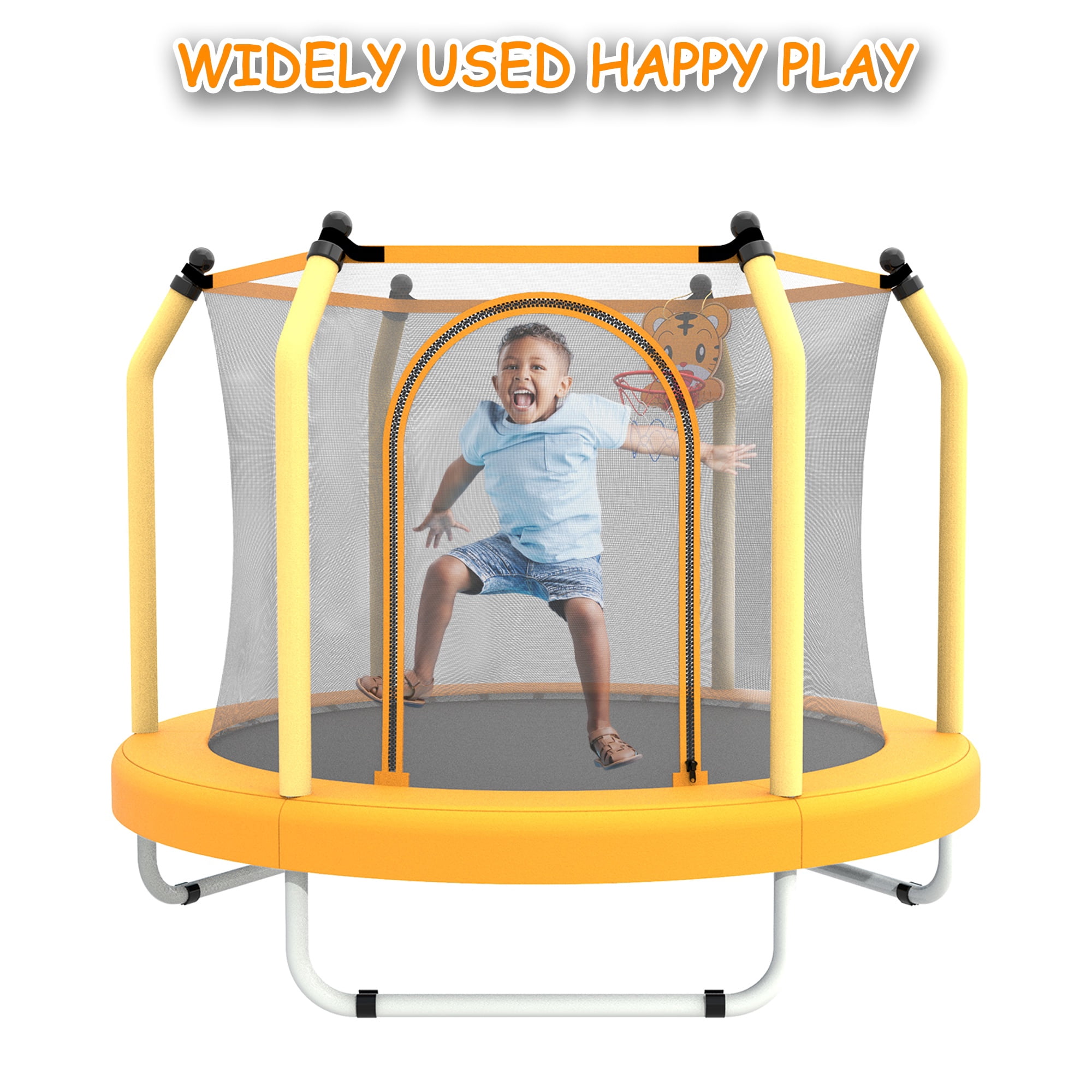 55" Toddler Trampoline with Safety Enclosure Net, Trampoline Indoor & Outdoor, Mini Trampoline for Kids 1-8 with Basketball Hoop, Ball and Thick Foam Protection, Birthday Gifts for Boy & Girl