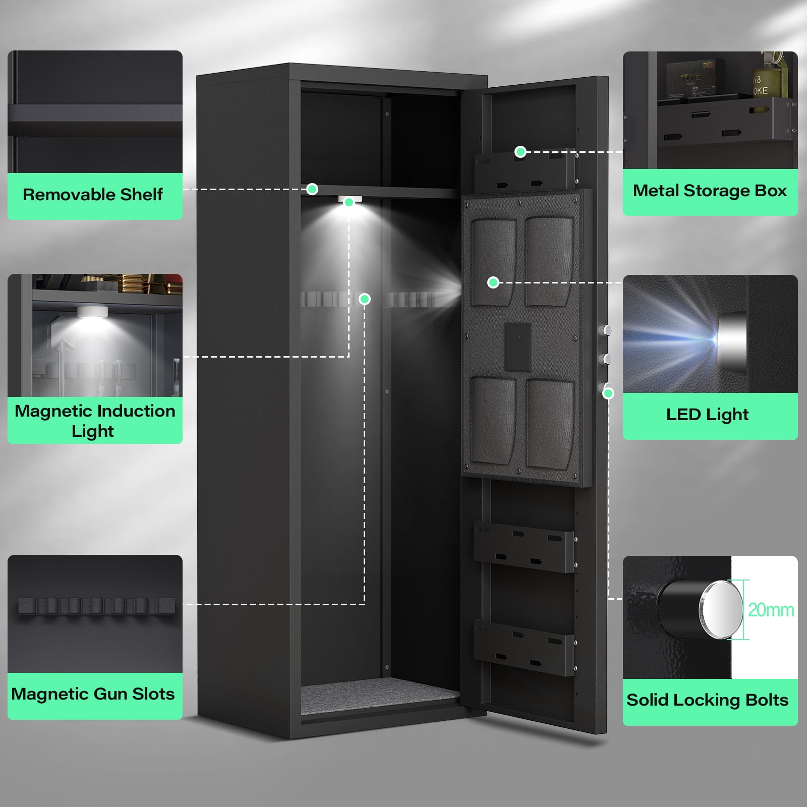 15-20 Gun Safe, Large Gun Safe for Pistols, Unassembled Gun Cabinet with Adjustable Shelf & Gun Rack, Gun Safe for Home and Shotgun, Quick Access Gun Cabinet with Mute Function & Dual Alarm