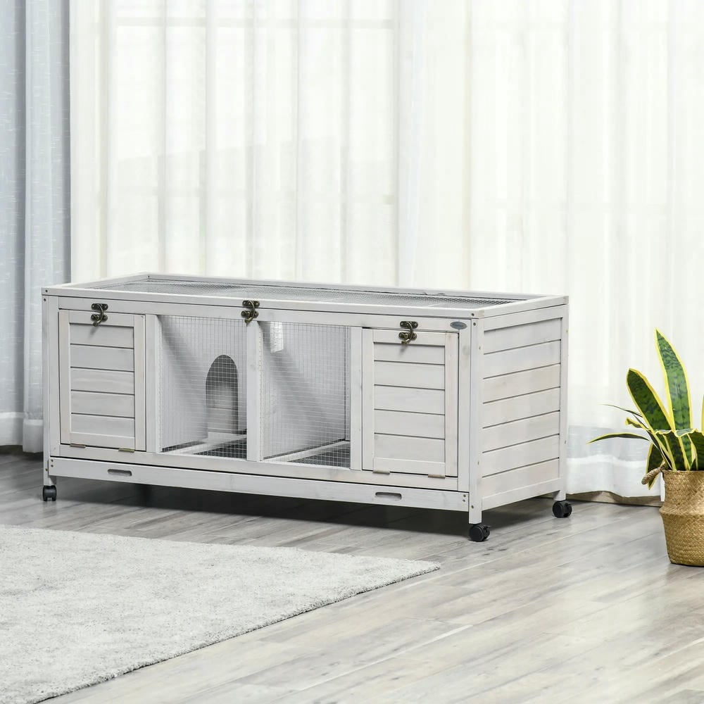 Spaco Wooden Rabbit Hutch with Wheels and Removable Tray, Dividers for Indoor Use, Light Gray