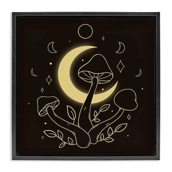 Stupell Industries Dancing Mushrooms & Moon Plants & Flowers Painting Black Floater Framed Canvas Art Print Wall Art, 18 x 18