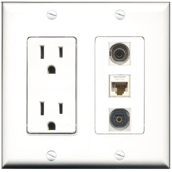 RiteAV - 15 Amp Power Outlet 1 Port Toslink 1 Port 3.5mm 1 Port Cat6 Ethernet Ethernet White Decorative Wall Plate