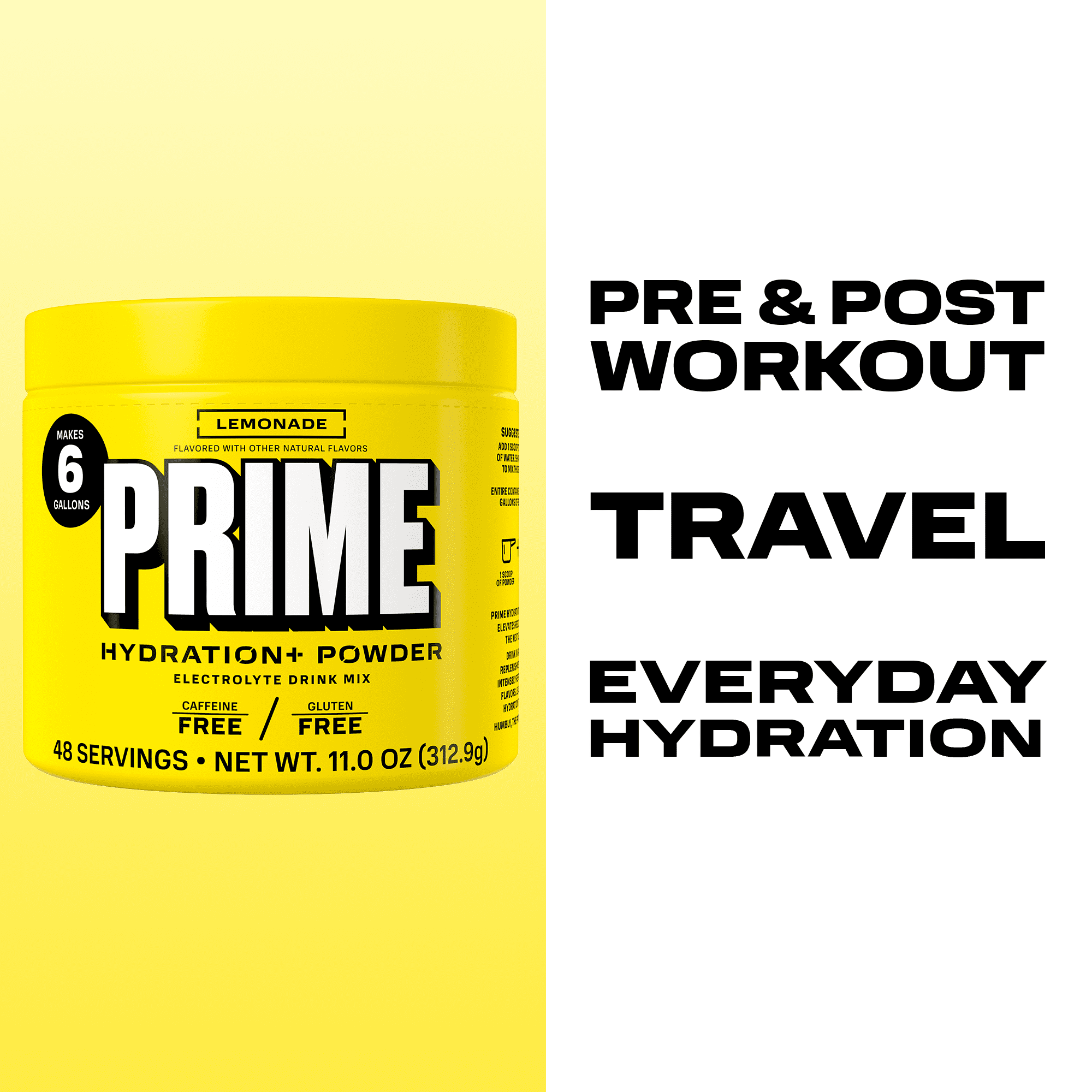 PRIME Hydration+ Lemonade Electrolyte Powder, Sugar Free, 6 Gallon Tub