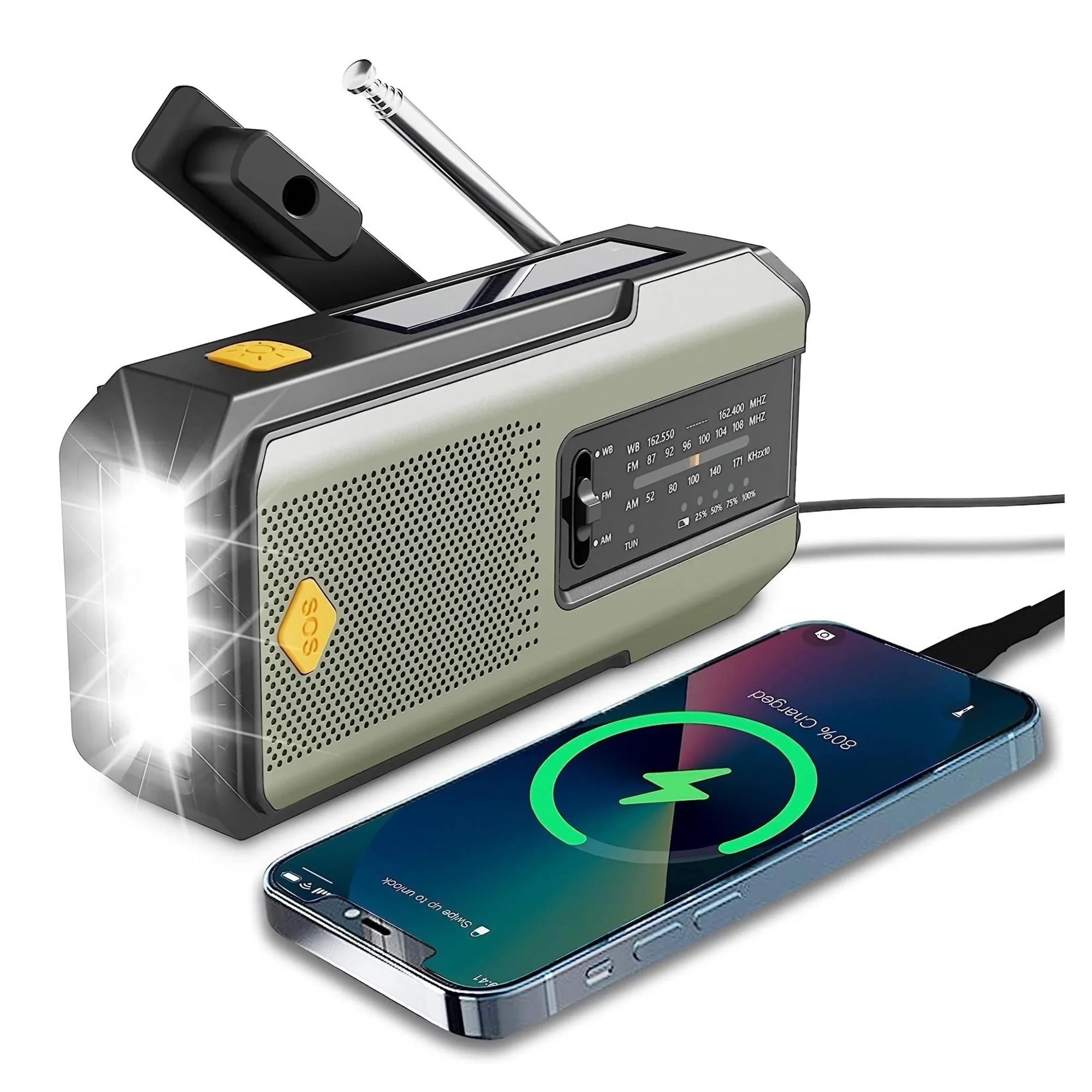 Weather Radio Emergency Multifunctional Radio FM AM WB Hand Crank Solar USB Charging 2000mAh Power Bank LED Flashlight Torch ,Listen Anytime, Anywhere
