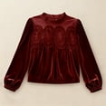 thumbnail image 6 of Lace Velvet Blouses for Women Holiday Long Sleeve Crew Neck Mesh Patchwork Tops Trendy Flowy Ruffle Hem Solid Color Shirt Casual Outfits 2025, 6 of 6