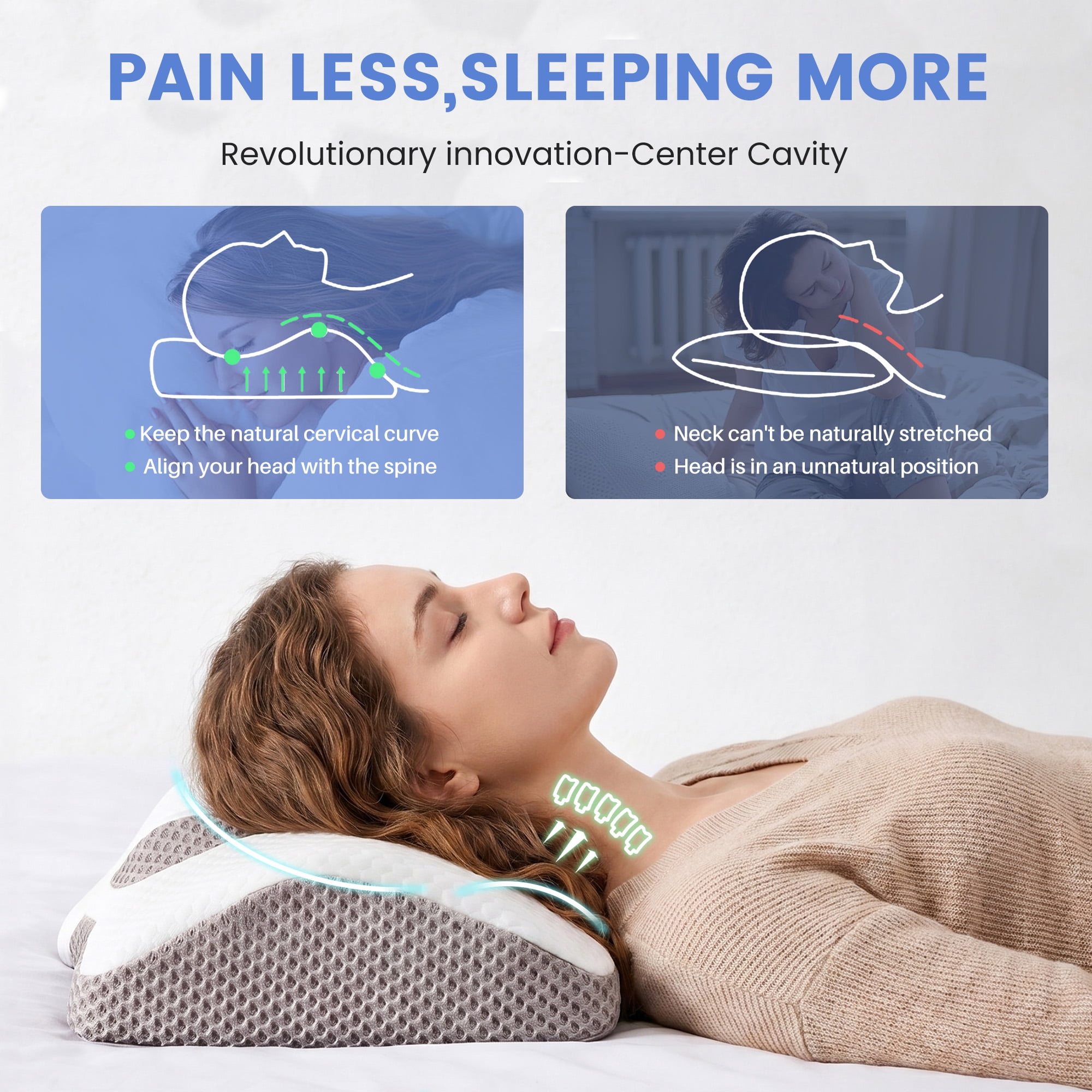 EDX King Size Square Cervical Pillows Memory Foam Double-Sided Pillow for Neck Pain Relief- Removable Cover,White and Gray