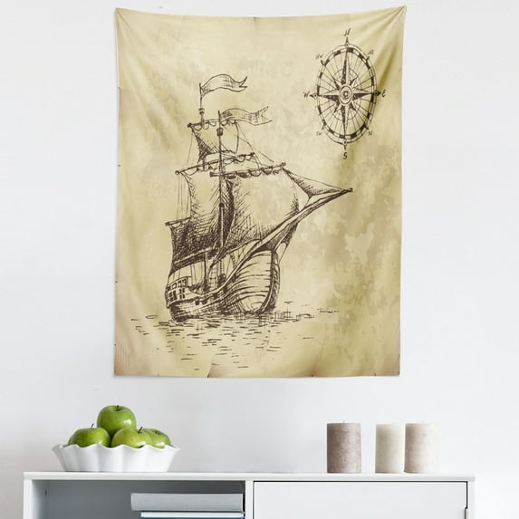 Compass Tapestry, Hand Drawn Old Paper Style Background Ship Flags Journey Navigation, Fabric Wall Hanging Decor for Bedroom Living Room Dorm, 5 Sizes, Brown Sand Brown, by Ambesonne