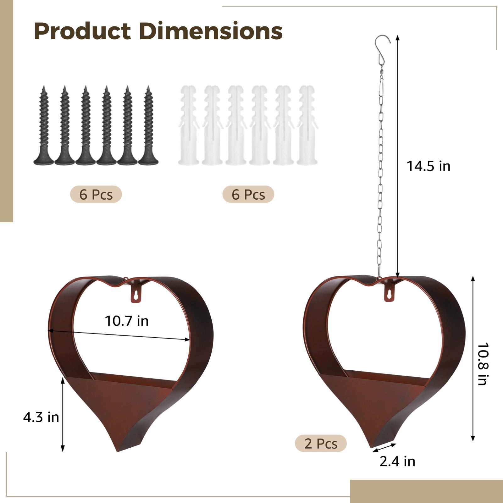 2 Pcs Heart-Shaped Metal Hanging Planters, Plant Hangers with Detachable Hooks and Chains, Rustic Coated Plant Stands for Indoor and Outdoor Use