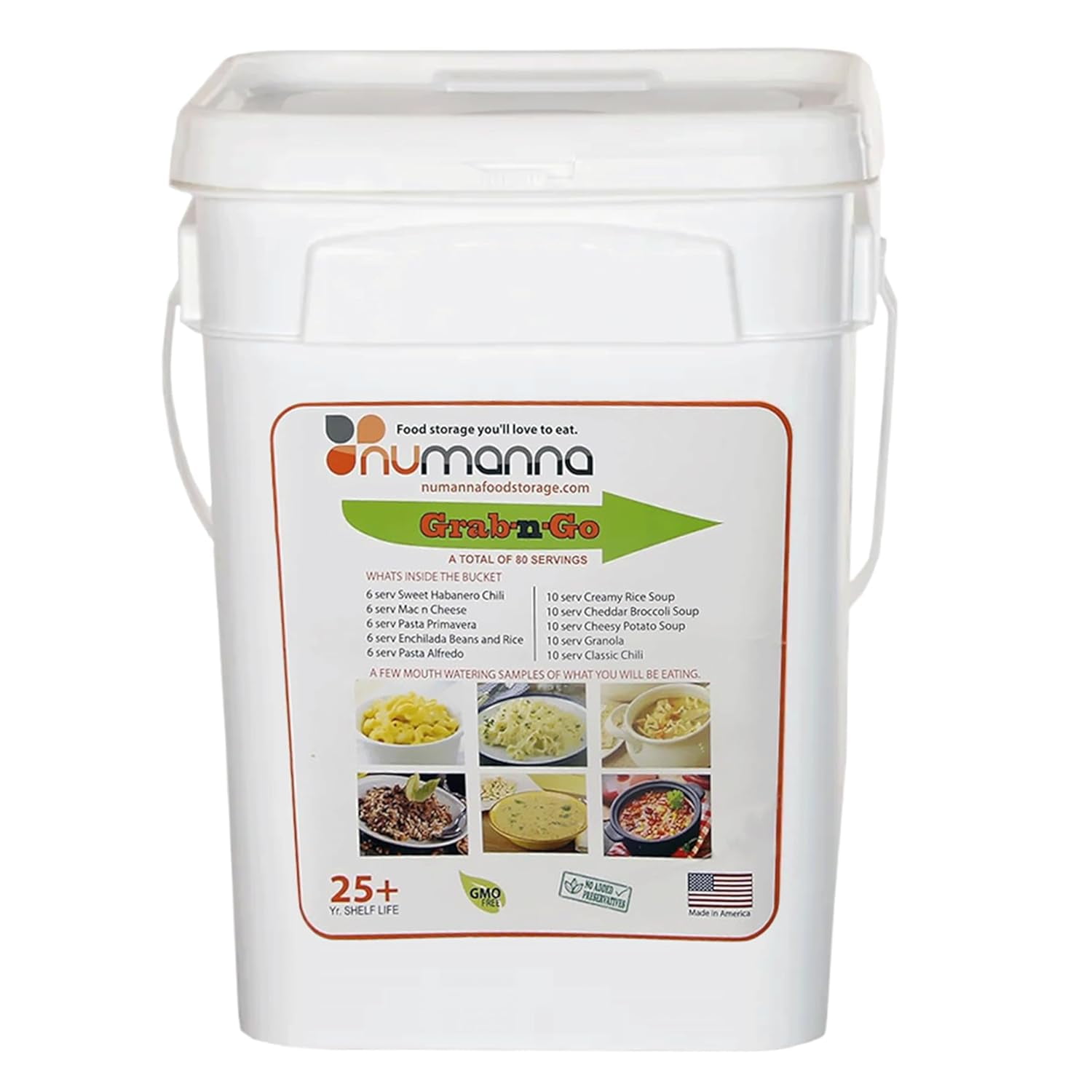 Numanna Grab-n-Go Bucket – 80 Servings of Freeze-Dried Meals | 25+ Year Shelf Life | Ready-to-Eat Emergency Survival Food Kit | Non-Perishable Breakfast & Dinner | Made in USA