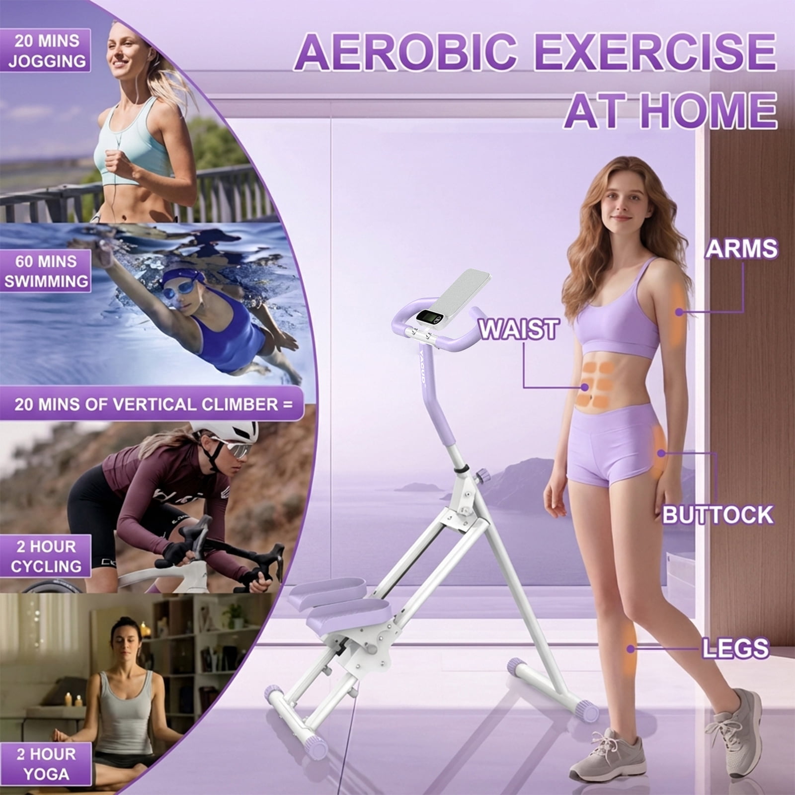 Stair Stepper with 6-Level Adjustable Handrails, 330lb Weight Capacity Stair Climber for Full-Body Exercise, Compact Foldable Step Machines for Home Workouts & Small Spaces, Purple