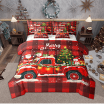 Manfei Cartoon Xmas Truck Twin Bedding Sets 7 Pieces, Santa Claus Tree Snowman Bedding Comforter Set, Red Black Plaid Chekcered Sheet Sets, Breathable Home Decor