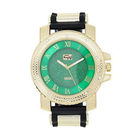 Iced Oversized Hip Hop Bullet Rubber Band Mens Watch, That Shows Your Lust for Life - GJM (GJM Glitter - Green - Gold - Black)