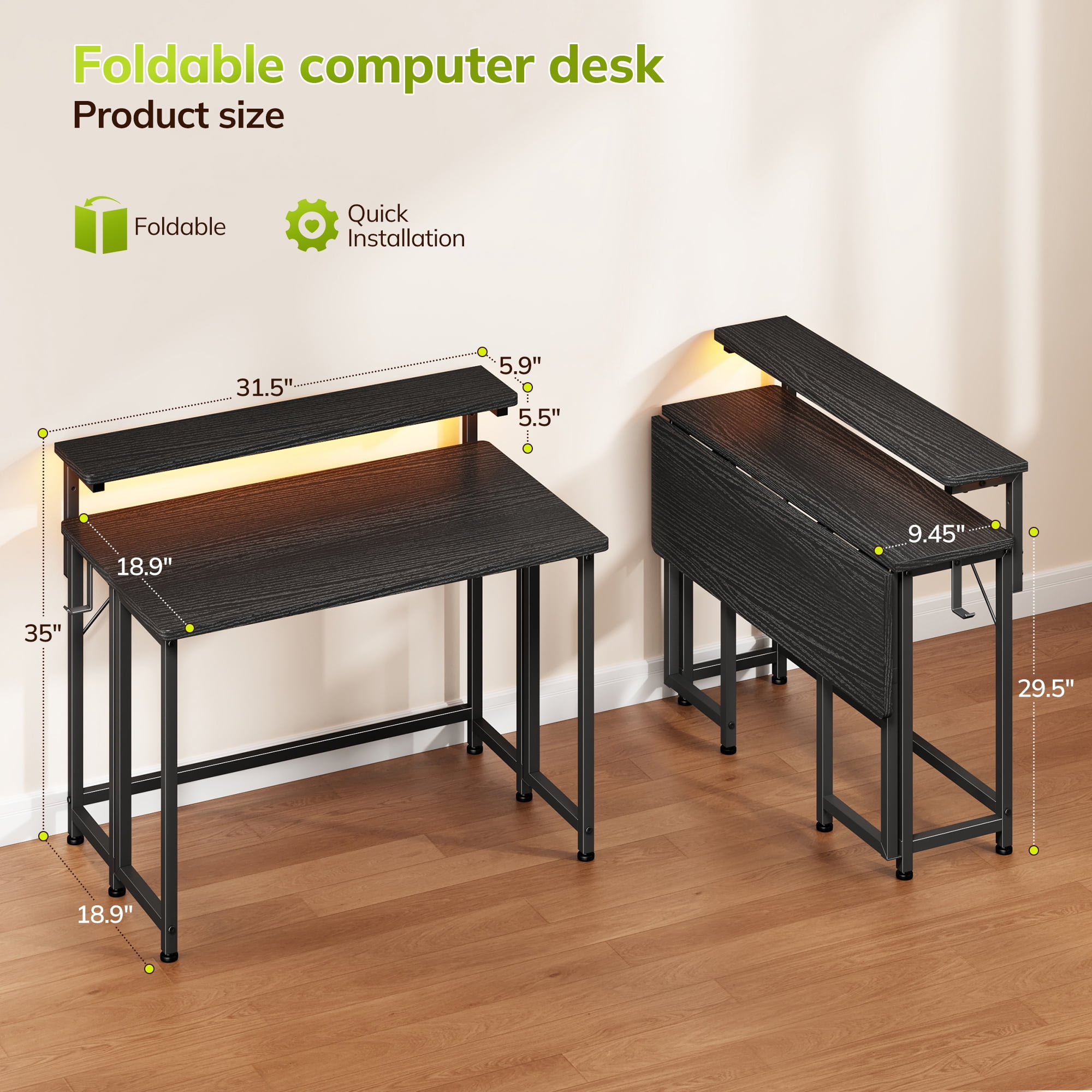 Romorgniz 31.5"D Folding Desk with Monitor Stand, Computer Desk with LED Lights & Hooks, Office Desk for Bedroom, Black