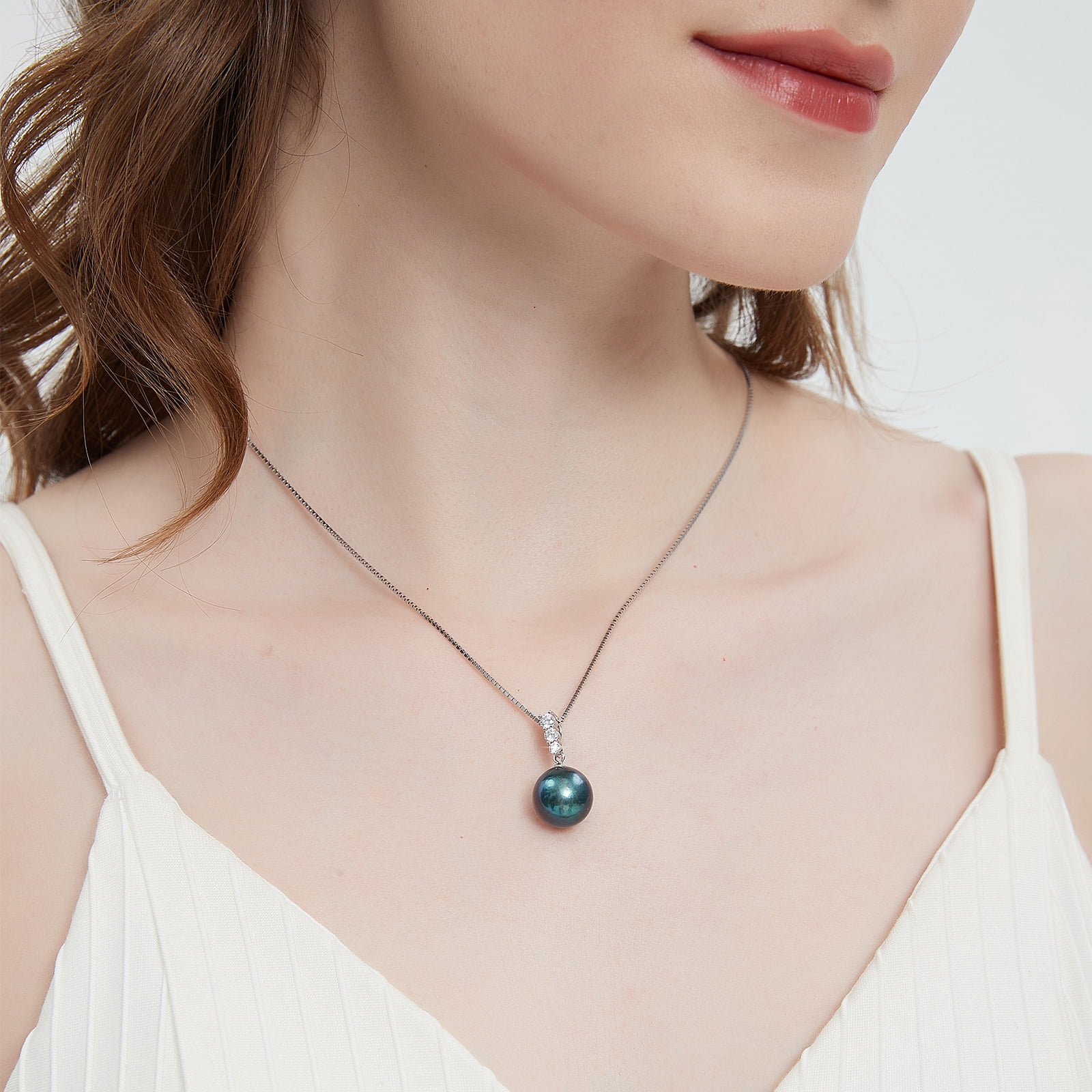 YAMI Tahitian Black Pearl Pendant Necklace, 12-13mm, 925 Sterling Silver, Adjustable 18+2in Chain