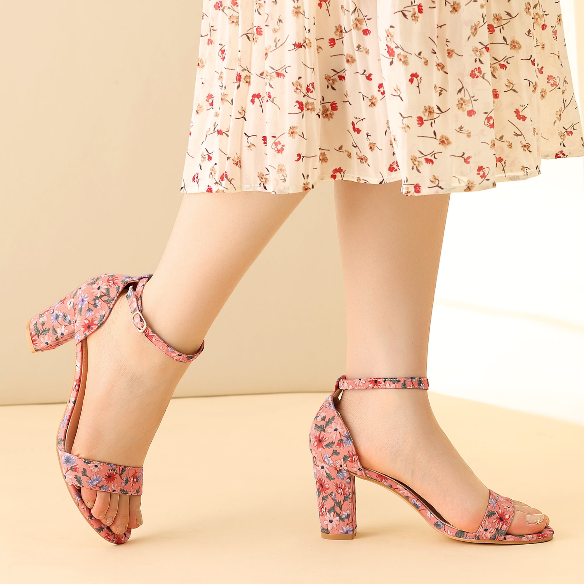 DARING DIVA Women's Floral Open Toe Ankle Strap Chunky Heel Sandals Pink 8.5