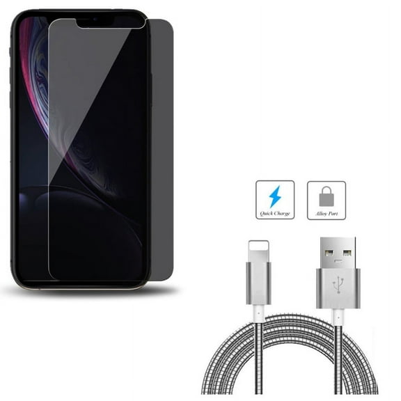 iPhone XS/X - Tempered Glass Privacy Screen Protector w 3ft Metal USB Cable - Curved Anti-Spy Anti-Peep 3D Edge Case Friendly, Charger Cord Power Wire Sync Fast Charge Data