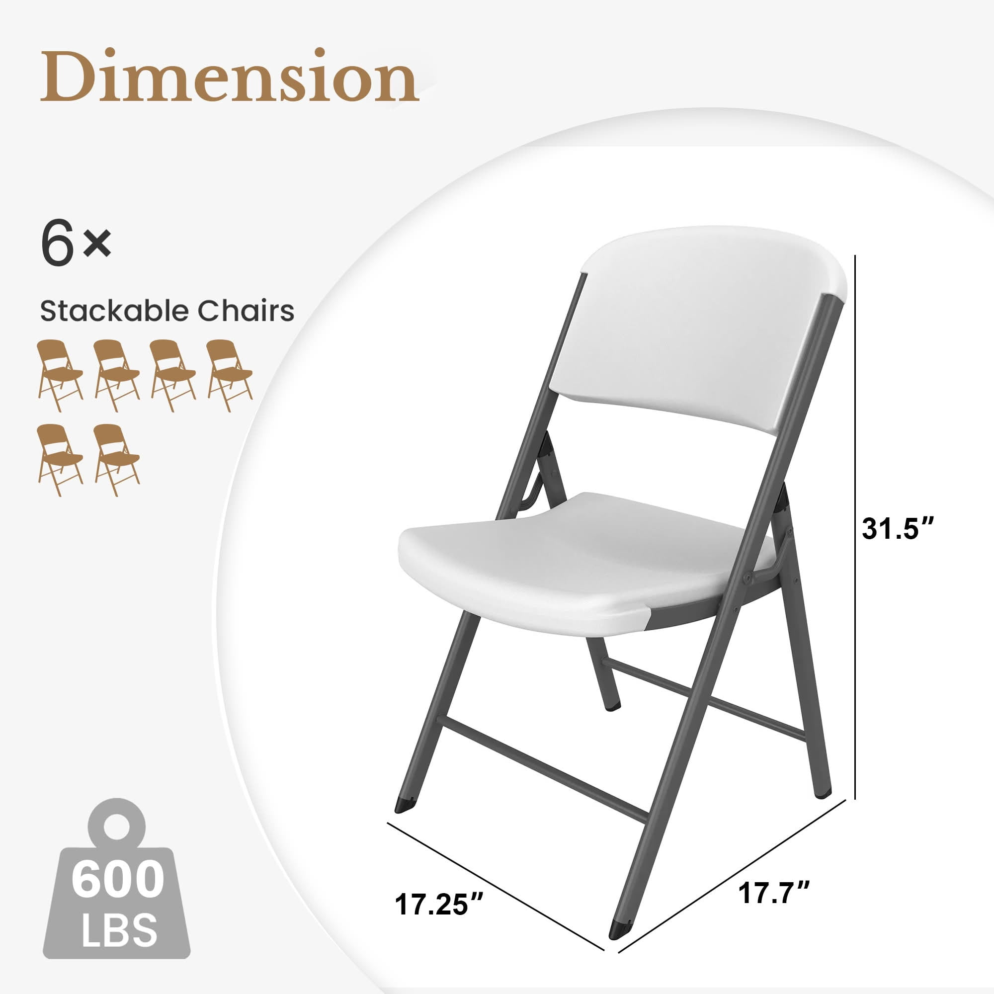 MAYEERTY 6-Piece White HDPE Folding Chairs, 600LB Capacity Powder Coated Steel Stackable UV Water Resistant Outdoor Event Chairs
