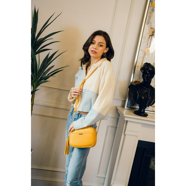 V+BENIE Camera Bag with Chain Strap and Tassel Crossbody Bags for Women Small Purses Handbag, Nude