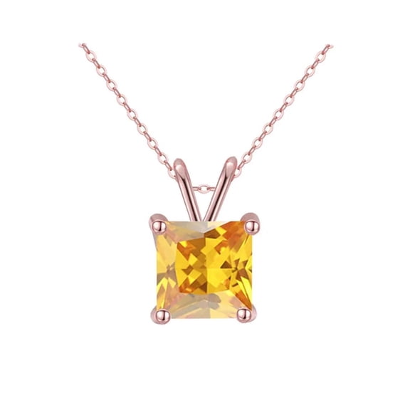 18K Rose Gold 2 Ct Yellow Sapphire Princess Stud Necklace 18 inch Unisex Plated by Paris Jewelry