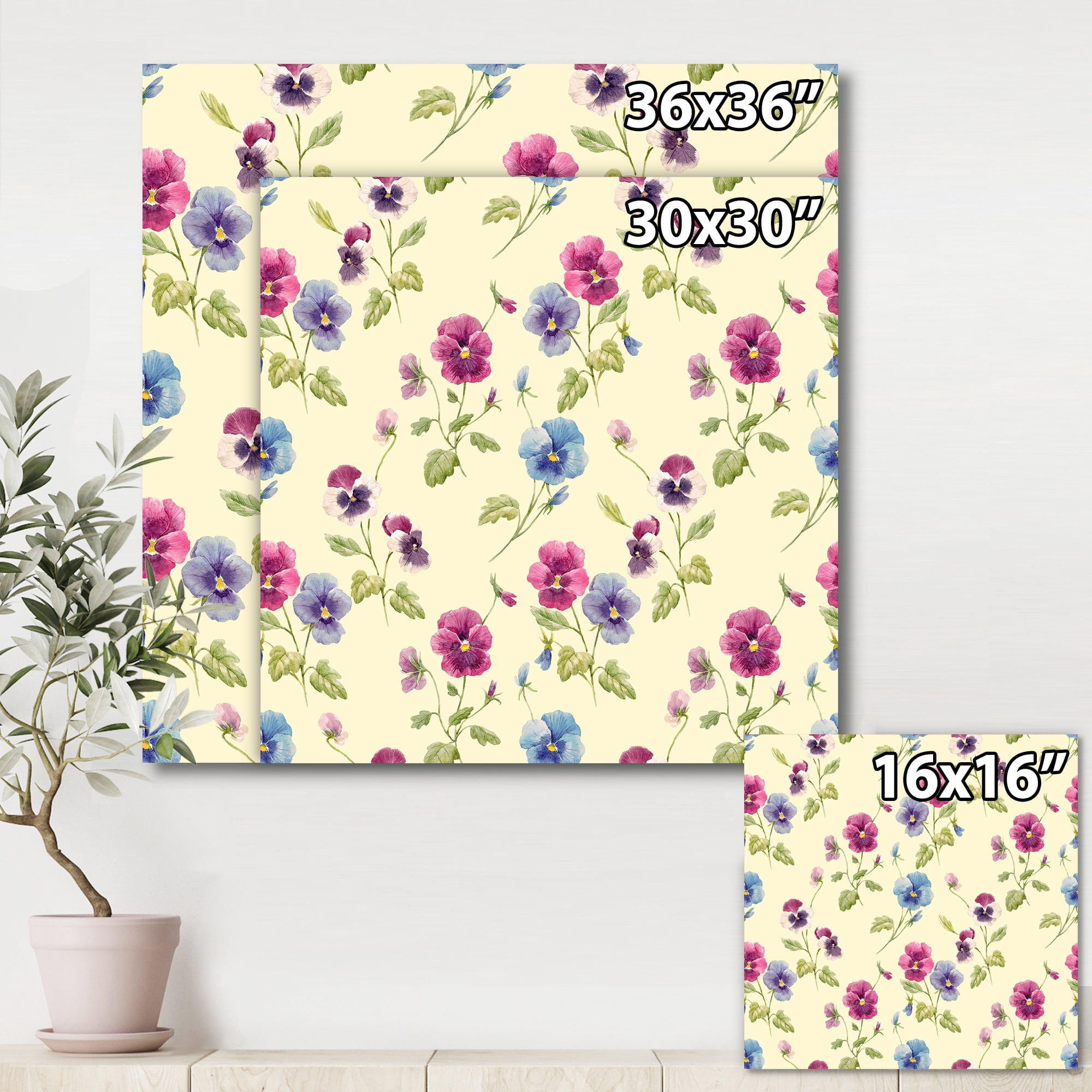 Blue and Pink Pansy Flowers I 30 in x 30 in Painting Canvas Art Print, by Designart