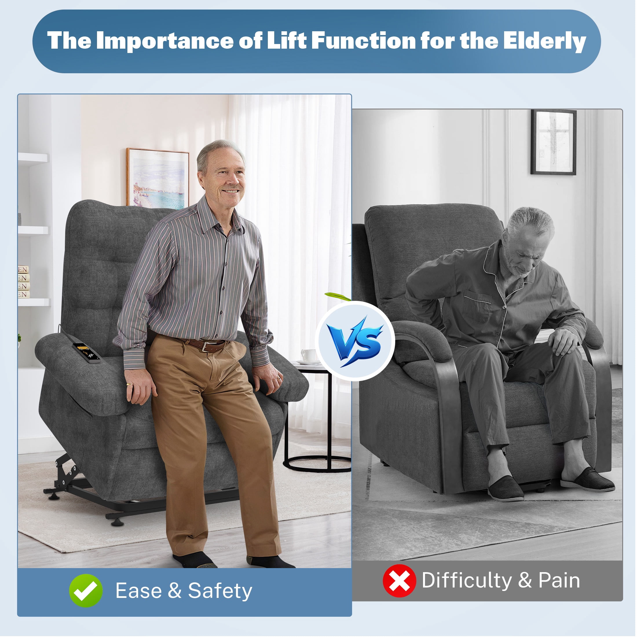 3 Motor Power Lift Recliner Chair, HSUNNS Zero Gravity Recliners with Side Pocket for Elderly, Electric Sofa with Remote Control for Living Room Home Theater, Ergonomic Lounge Recliner Chair, Gray