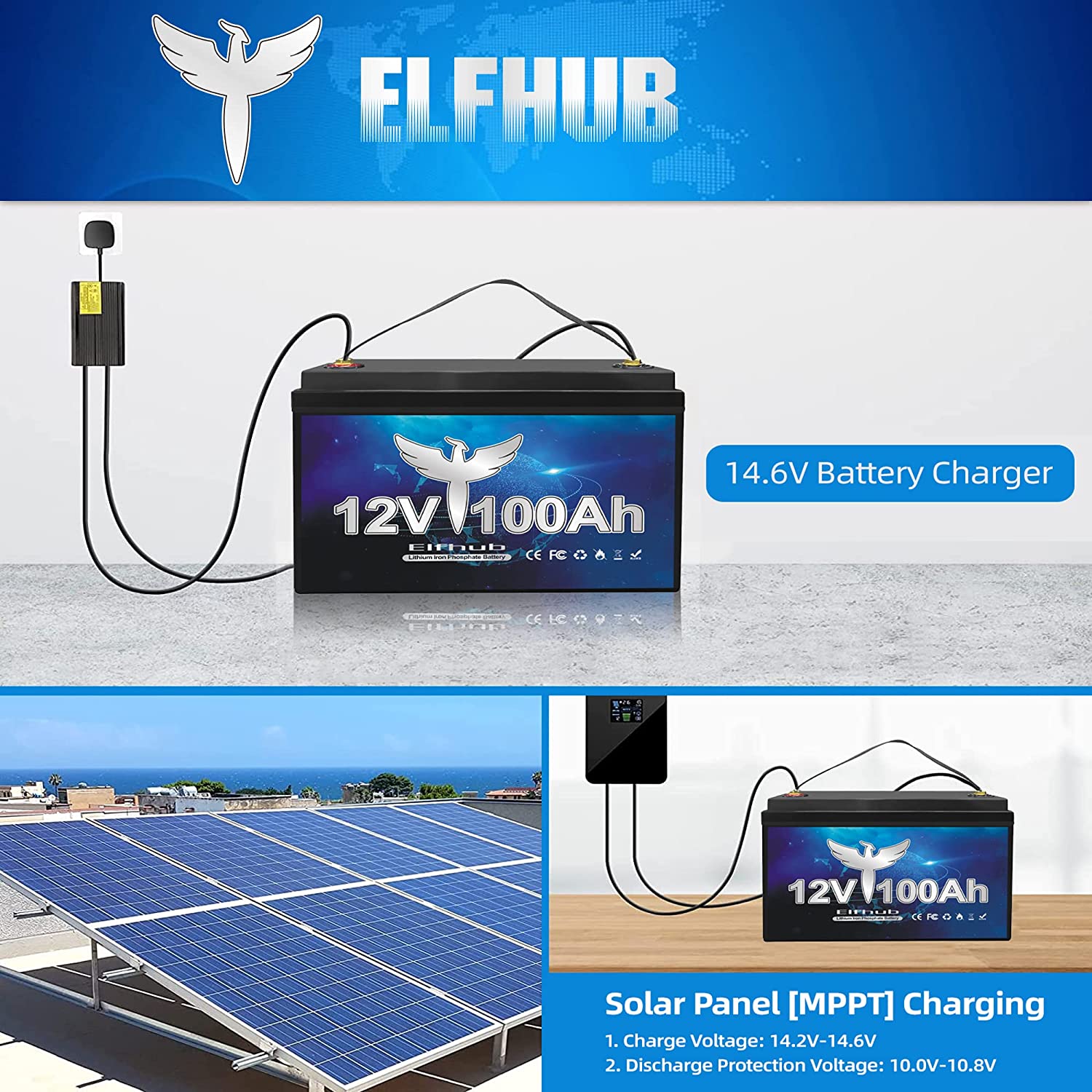 Elfhub 12V 100Ah LiFePO4 Battery with 100A BMS 5000+ Cycles for Camper RV,Support 4S/8P