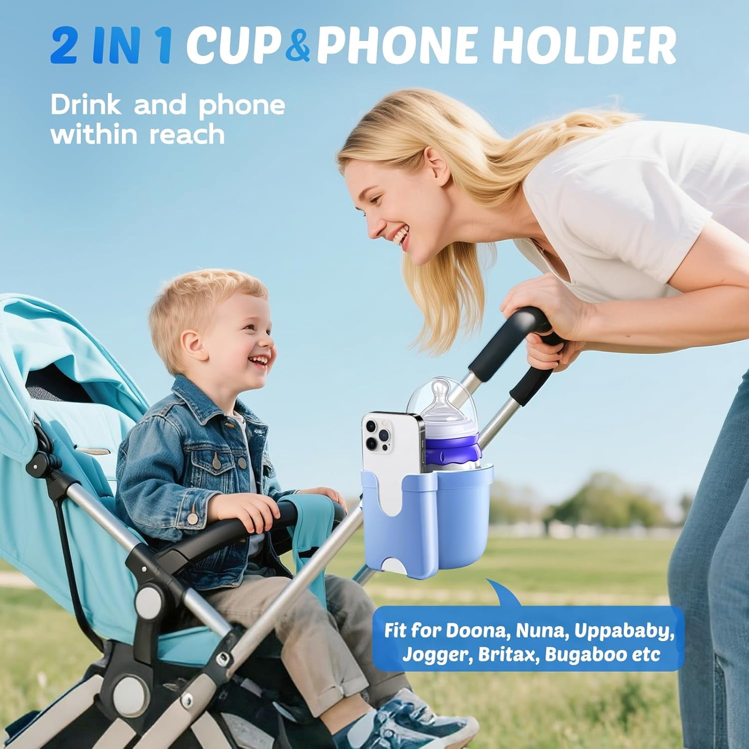 Stroller Cup Holder with Phone Holder,  Cup Holder for Walker, Wheelchair/Bike/Rollator/Scooter Stroller Accessories for Uppababy, Nuna, Doona, Baby Travel Essential