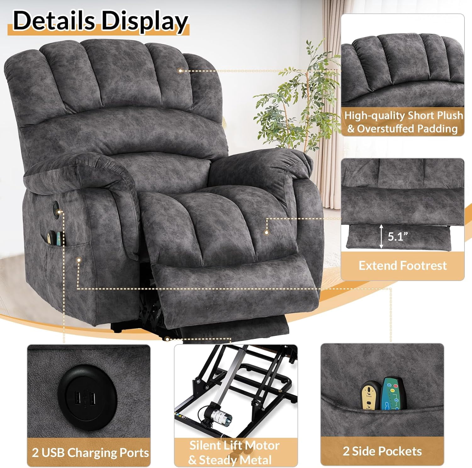 Large Electric Power Lift Chairs Recliners for Elderly Big Man with Massage and Heat, Oversized Wide Reclining Chairs for Living Room with Extended Footrest(Plush-Grey)