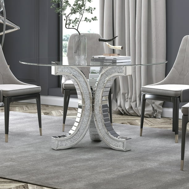 SHYFOY Modern Glass Rhinestone C-Shape Base Dinner Table
